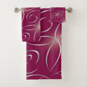 Silver on magenta bath towel set