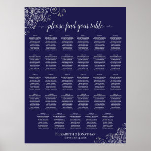Silver on Navy Blue 29 Table Wedding Seating Chart