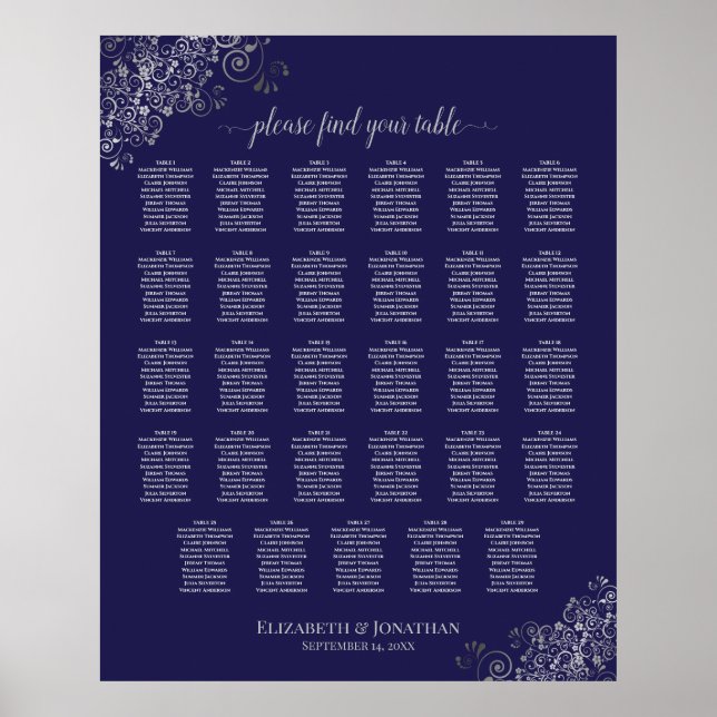 Silver on Navy Blue 29 Table Wedding Seating Chart (Front)
