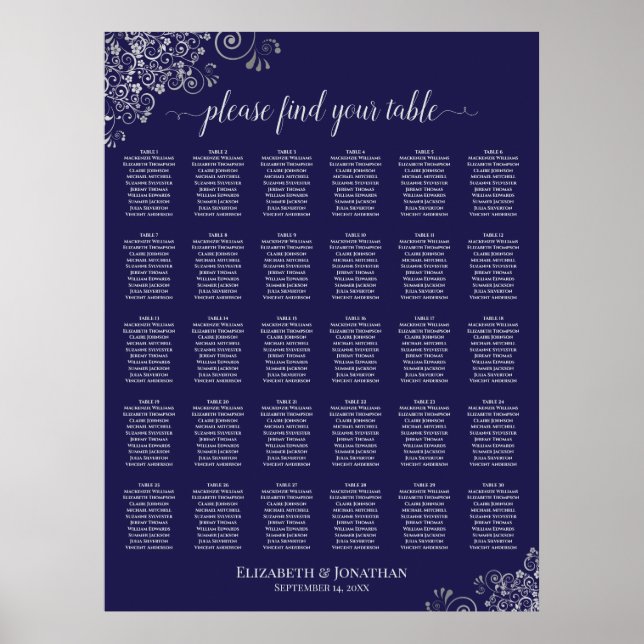 Silver on Navy Blue 30 Table Wedding Seating Chart (Front)
