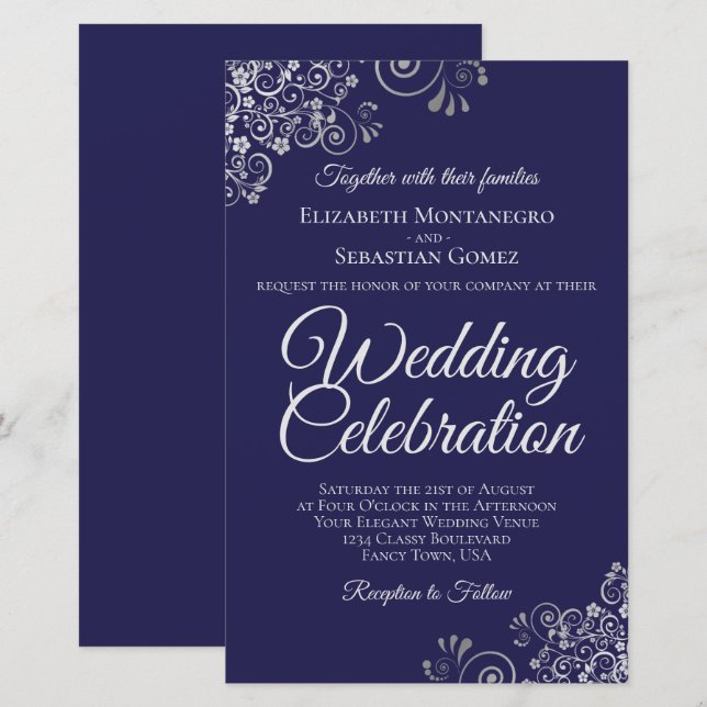 Silver on Navy Blue BUDGET Wedding Invite Large (Front/Back)