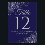 Silver on Navy Blue Elegant Filigree Wedding Table Number<br><div class="desc">Make your wedding reception beautiful with these table number cards. They feature a simple yet elegant design with pale grey text on a navy blue background with a frilly silver faux foil floral filigree in the corners.</div>