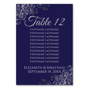Silver on Navy Blue Elegant Wedding Seating Chart Table Number
