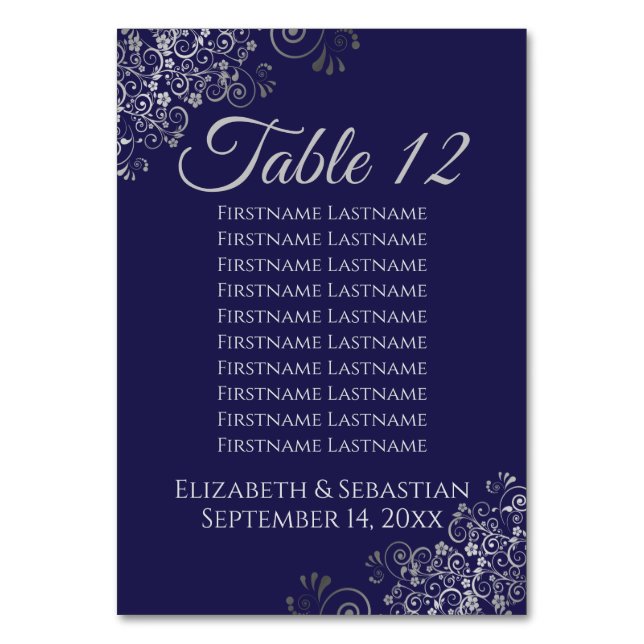 Silver on Navy Blue Elegant Wedding Seating Chart Table Number (Front)