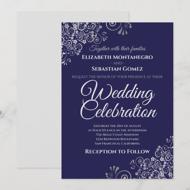 Silver on Navy Blue Simple Elegant Wedding Invitation (Front/Back)