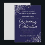 Silver on Navy Blue Simple Elegant Wedding Invitation<br><div class="desc">This beautiful wedding invitation features a simple yet elegant design of silver or grey text on a navy blue background with a silver faux foil floral filigree in the corners.  Designed to coordinate with our Silver Foil Elegant Wedding Suite it features formal wording with a chic script font.</div>