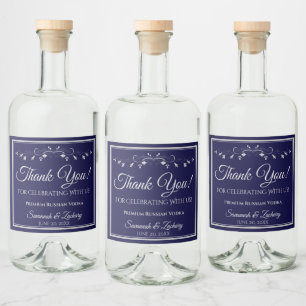 Silver on Navy Blue Wedding Thank You Liquor Bottle Label