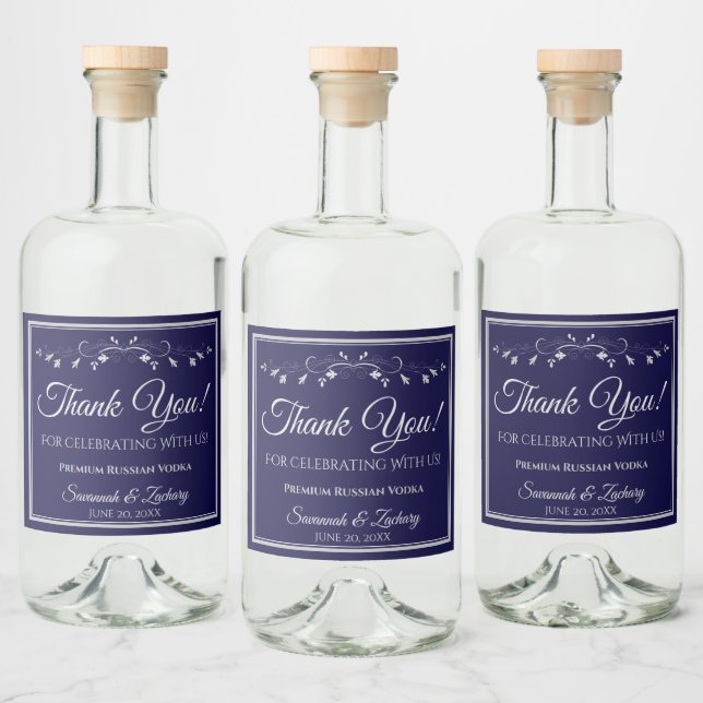 Silver on Navy Blue Wedding Thank You Liquor Bottle Label (Bottles)