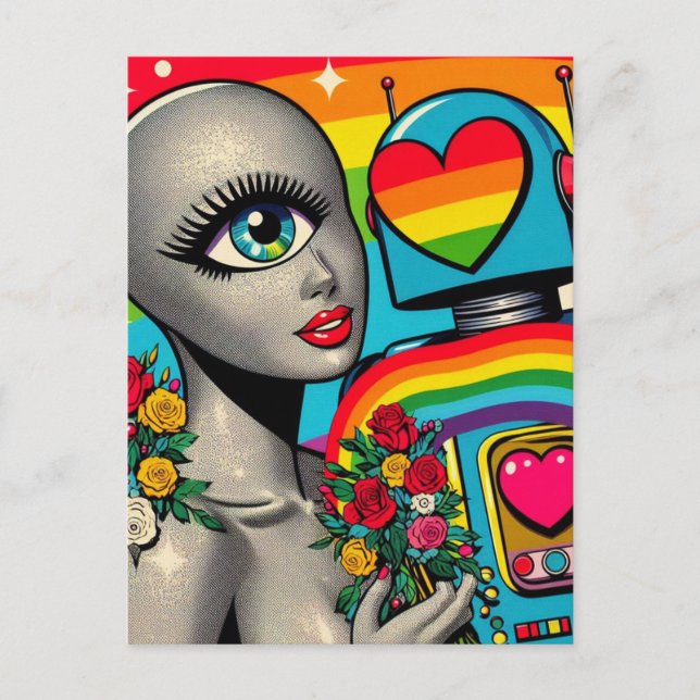 Silver One Eyed Alien in Love With a Robot Postcard (Front)