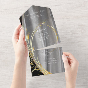 Silver or Gold Abstract flowers on - Silk & Art All In One Invitation