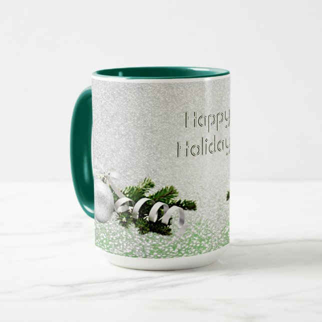 Silver Ornament White Ribbon Christmas Mug (Front Left)