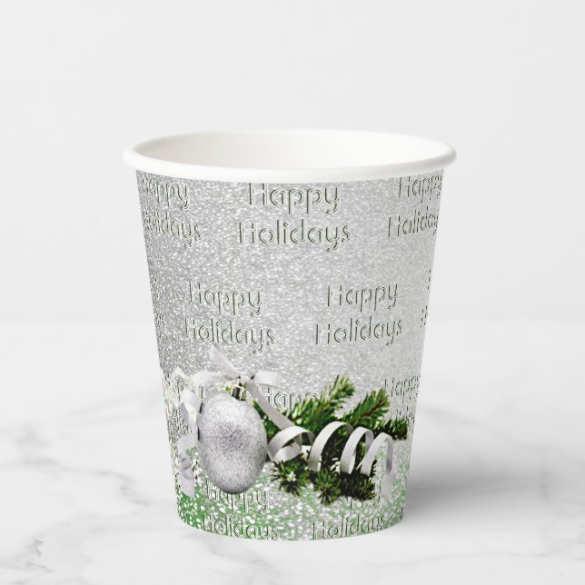 Silver Ornament White Ribbon Christmas Paper Cups (Front)