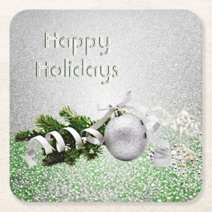 Silver Ornament White Ribbon Christmas Paper Square Paper Coaster