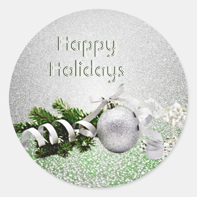 Silver Ornament White Ribbon Christmas Sticker (Front)