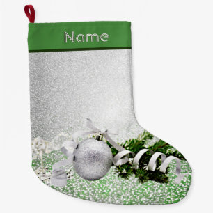 Silver Ornament White Ribbon Christmas Stocking