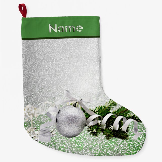 Silver Ornament White Ribbon Christmas Stocking (Front)
