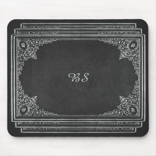 Silver Ornamental on Black with Initials Mouse Pad (Front)