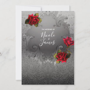 Silver Ornamental Vintage Fancy Red Roses Wedding Invitation