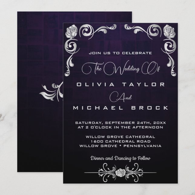 Silver ornamental wedding invitation (Front/Back)