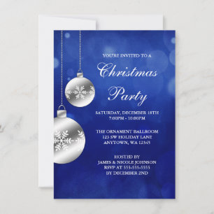 Silver Ornaments Blue Bokeh Christmas Party Invitation