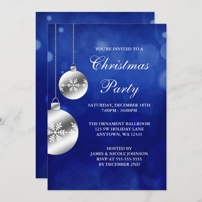 Silver Ornaments Blue Bokeh Christmas Party Invitation (Front/Back)