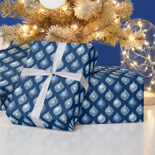 Silver Ornaments on Dark Blue Wrapping Paper
