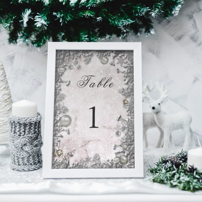 Silver Ornaments Sparkling Snow Winter Wedding Table Number (Creator Uploaded)