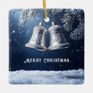 Silver Ornate Bells on Frosty Pines Ceramic Ornament
