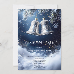 Silver Ornate Bells on Frosty Pines Christmas Invitation