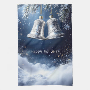 Silver Ornate Bells on Frosty Pines Kitchen Towel