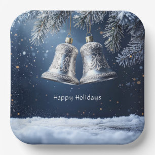 Silver Ornate Bells on Frosty Pines Paper Plate