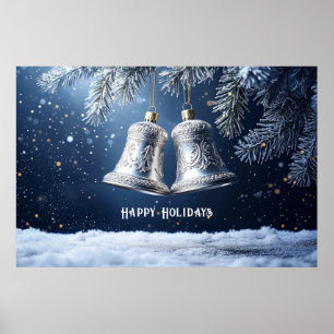 Silver Ornate Bells on Frosty Pines Tree Poster