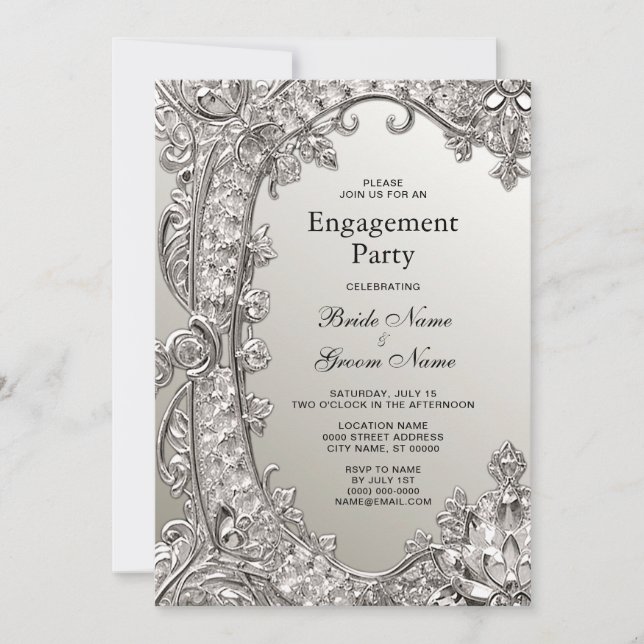Silver Ornate Modern Engagement Invitation (Front)