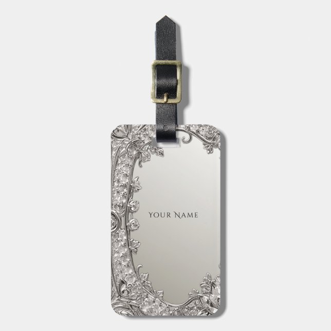 Silver Ornate Modern Luggage Tag (Front Vertical)