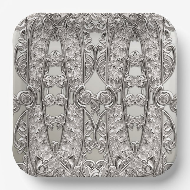 Silver Ornate Modern Paper Plate (Front)