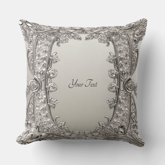Silver Ornate Modern Throw Pillow (Front)