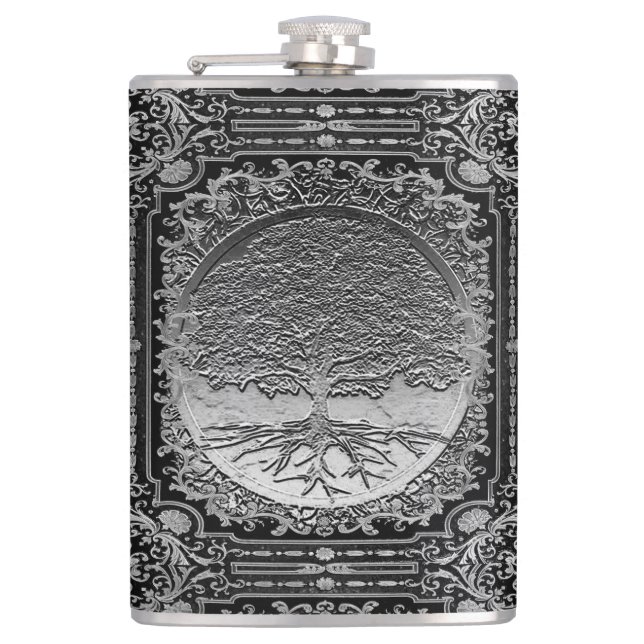 Silver Ornate Tree of Life Ancient Rustic Flask (Front)