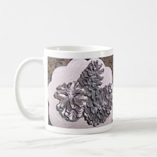 Silver painted pine cones coffee mug