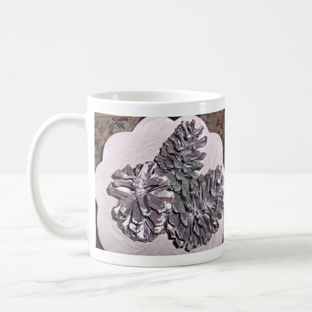 Silver painted pine cones coffee mug (Left)