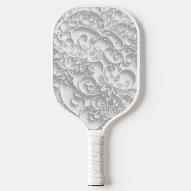 Silver Paper Quilling Daisy Design Pickleball Paddle (Front)