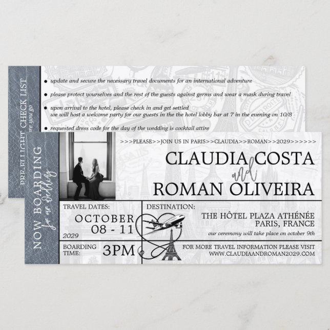 Silver Paris Wedding Boarding Pass Invitation (Front/Back)