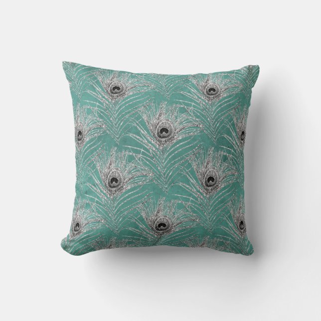 Silver Peacock Feathers on Teal Throw Pillow (Front)