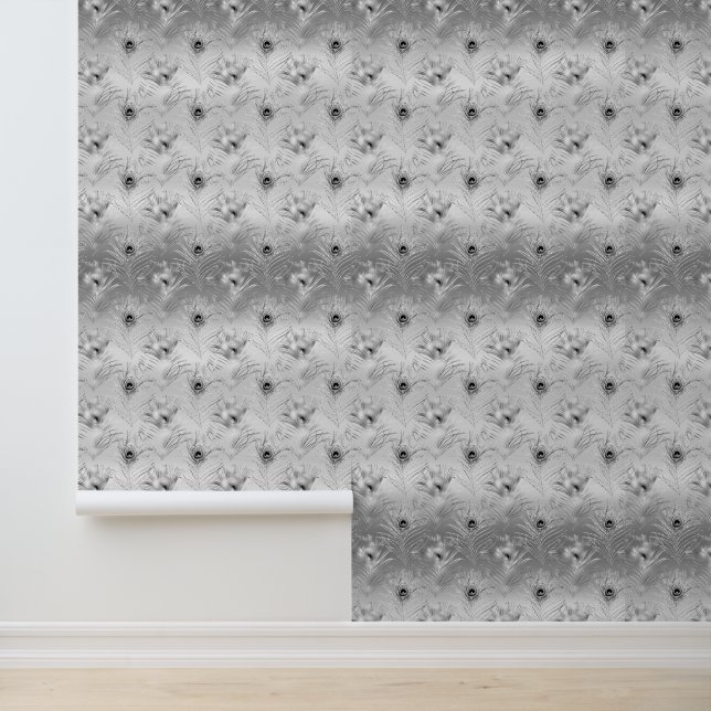 Silver Peacock Feathers Wallpaper (Application)