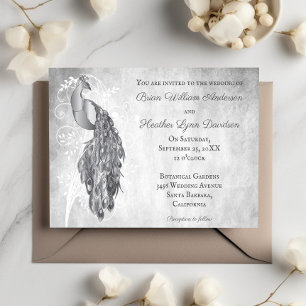 Silver Peacock White Botanical Wedding Invitation