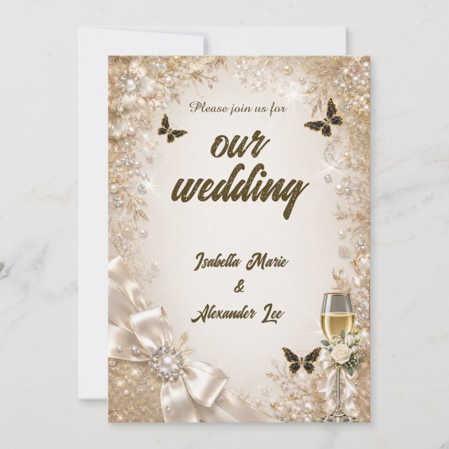 Silver Pearl Bow Snowflake Wedding Invitation (Front)