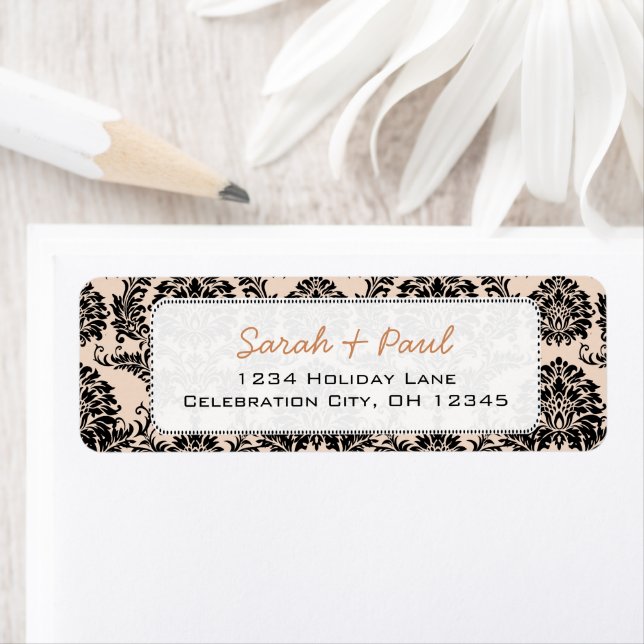 Silver Peony Black Damask Retours Adresse Étiquett (En situation)