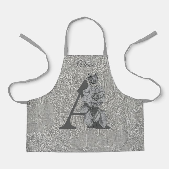 Silver Peony Elegant Monogram Initial A Name  Apro Apron (Front)