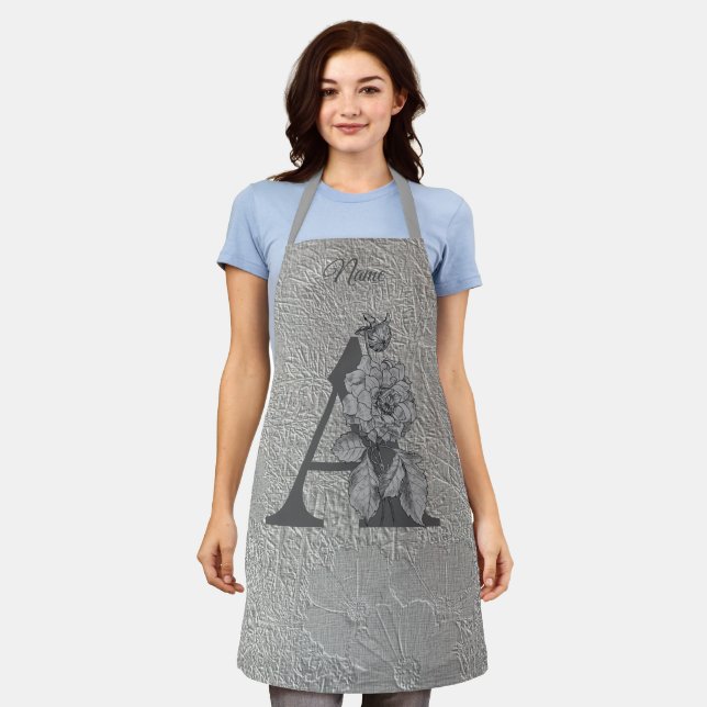 Silver Peony Elegant Monogram Initial A Name  Apron (Worn)