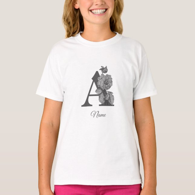 Silver Peony Elegant Monogram Initial A Name   T-Shirt (Front)