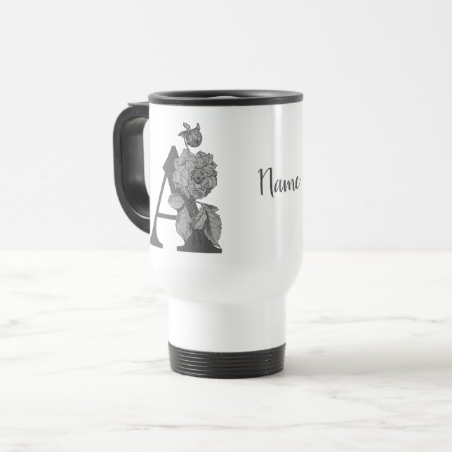 Silver Peony Elegant Monogram Initial A Name  Travel Mug (Front Left)